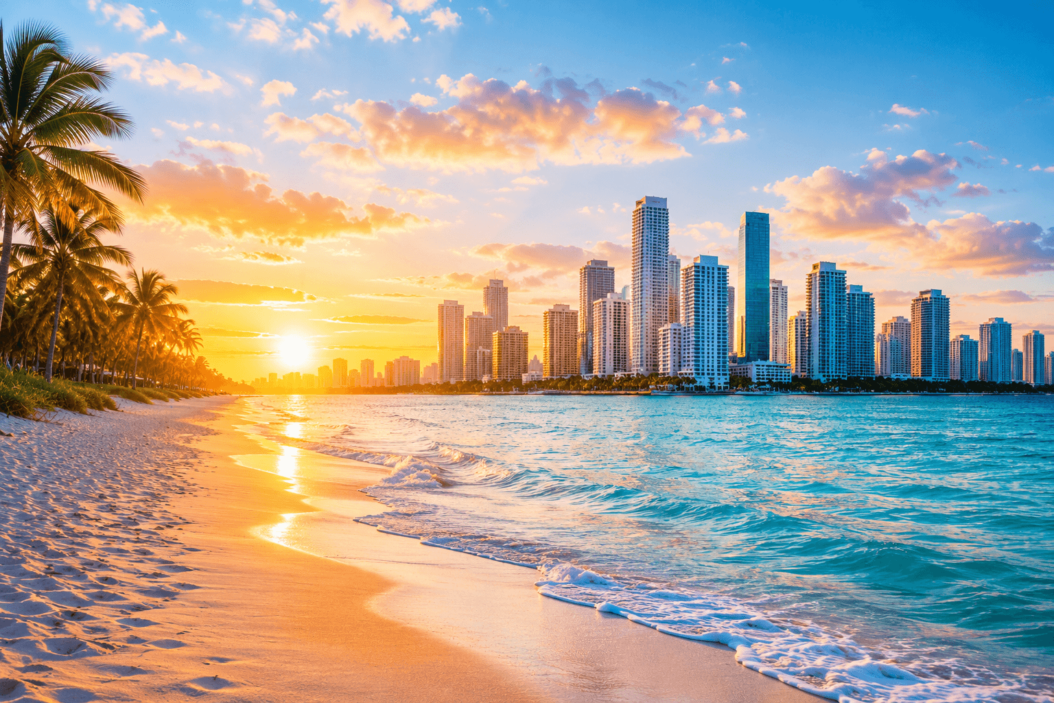 Miami Beach at sunset — turquoise ocean, white sand and Miami skyline